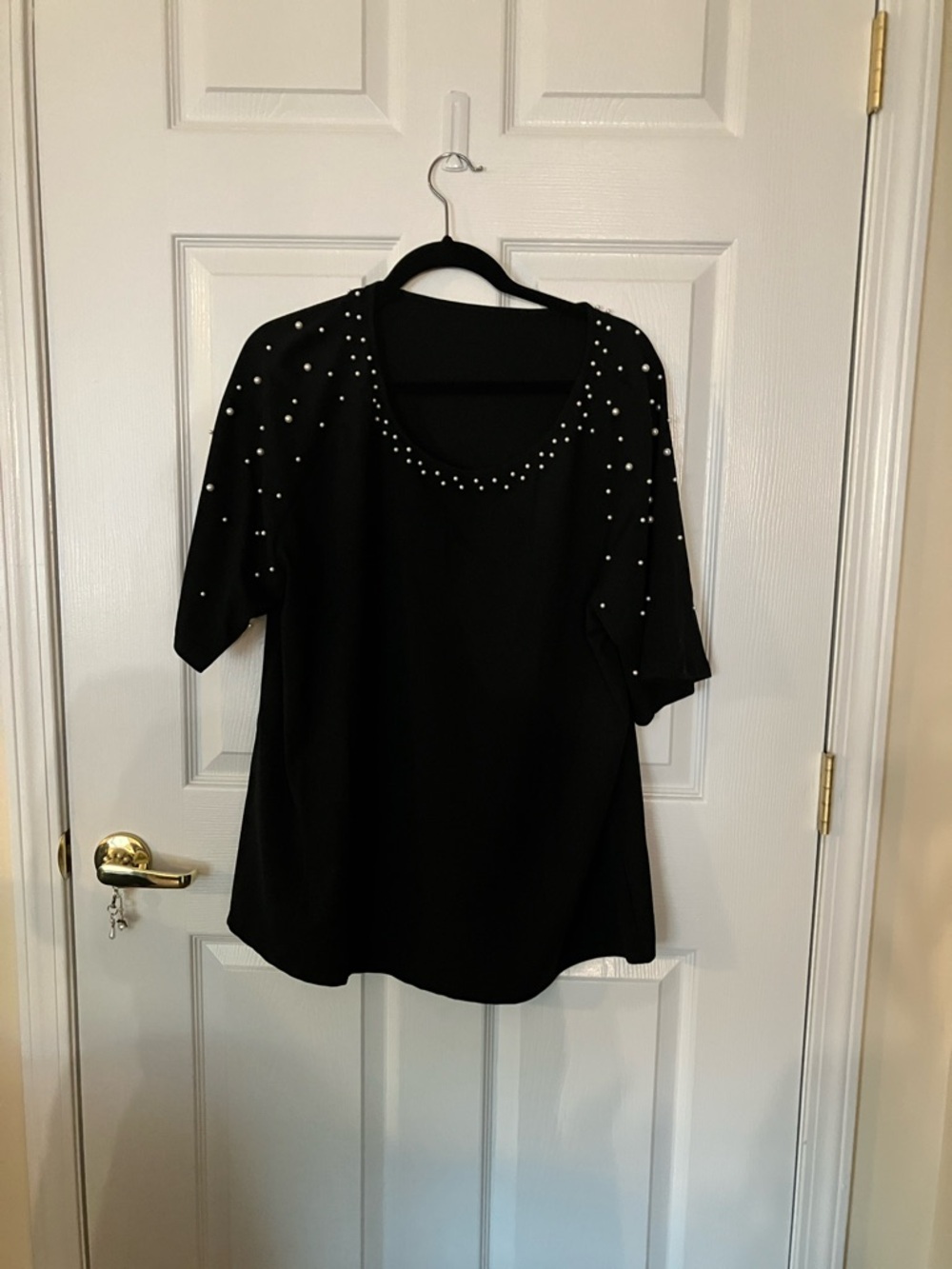 Black Scoop Neck Short-Sleeve Top with Pearl Stud Accents
